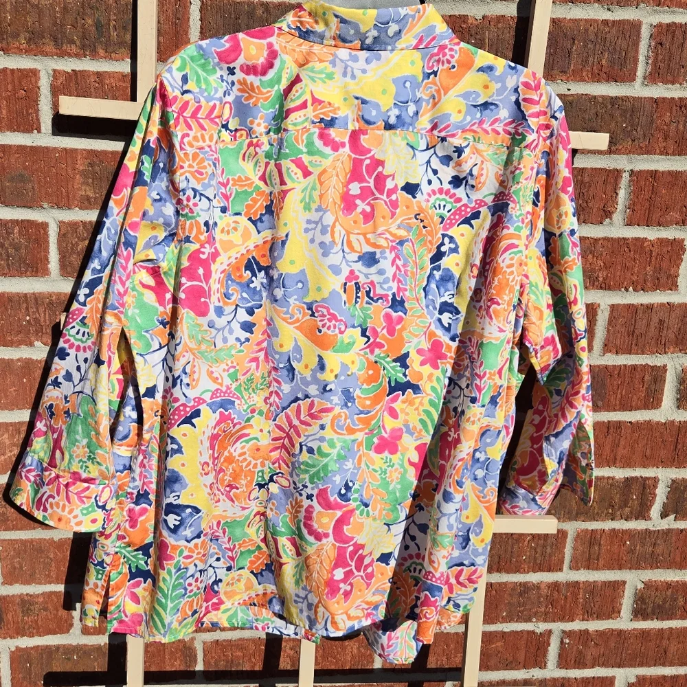 Ralph Lauren Floral Watercolor Button Down Blouse 3/4 Sleeves 2X Cotton - Picture 7 of 8
